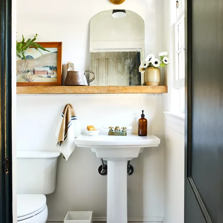 23Bathroom Shelf Ideas to Organize and Elevate Your Space 10 Add Charm with Farmhouse-Style Open Shelves